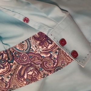 Bertgio Men's LS Dress Shirt Contrast Print Cuffs Top Stitching6 2XL EUC